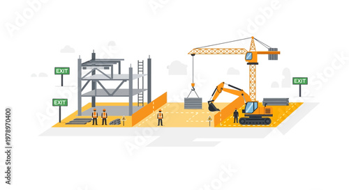 Construction Site Illustration with Tower Crane, Excavator, and Building Under Development