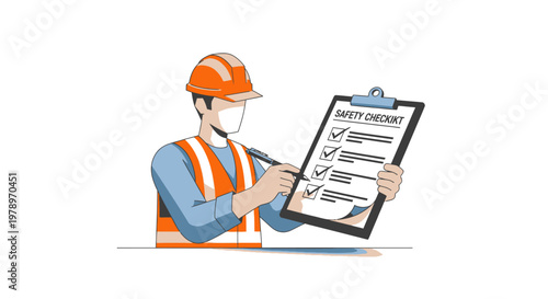 Construction Worker in Hard Hat and Safety Vest Filling Out Industrial Safety Checklist Clipboard, Work Safety Inspection Illustration
