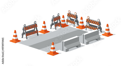 Road Construction and Street Repair Isometric Set with Cones, Barriers, and Concrete Blocks Isolated on White Background