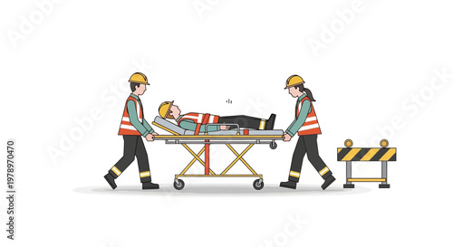 Construction Workers Transporting Injured Colleague on Medical Stretcher, Workplace Accident and Safety Illustration