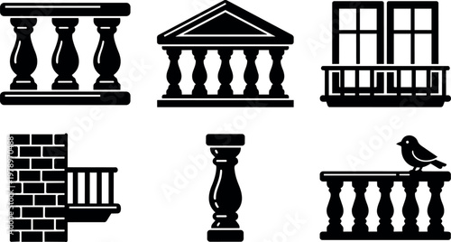 Black and white balustrade and balcony vector icons with bird and brick wall