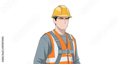 Male Construction Worker Vector Illustration in Safety Gear with Hard Hat and High-Visibility Vest