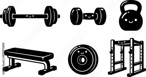Black and white fitness equipment set with smiling barbell dumbbell kettlebell bench and rack vector art