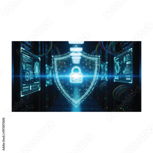 Advanced cybersecurity shield protecting networks, detecting threats, preventing breaches, ensuring data integrity
