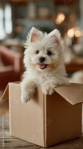 Joyful Puppy in a Cardboard...