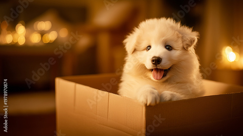Joyful Puppy in Cardboard B...
