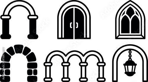 Black and white line art various arched doors and windows vector illustration