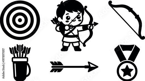 Black and white cartoon boy archer aiming arrow with archery target and medal