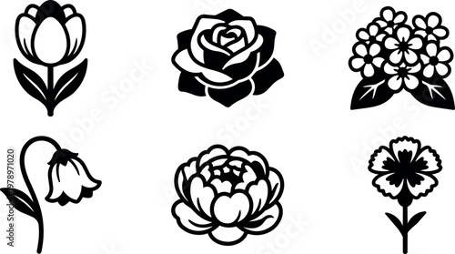 Black and white flower icons tulip rose bunch bellflower peony carnation vector art
