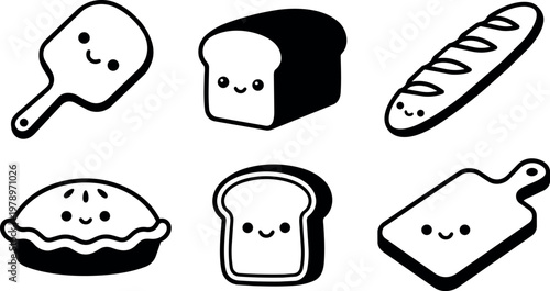 Cute cartoon smiling bread loaf slice pie paddle cutting board in black and white