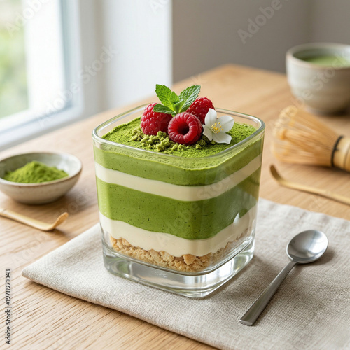 matcha dessert, green tea dessert, japanese dessert, asian food, minimal style, aesthetic dessert, modern food, clean composition, healthy dessert, trendy food, stock image, commercial use, high resol