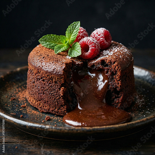 chocolate cake, lava cake, melted chocolate, dessert close up, dark food photography, gourmet dessert, sweet food, rich texture, bakery dessert, indulgent, high detail, luxury food, stock photo, comme