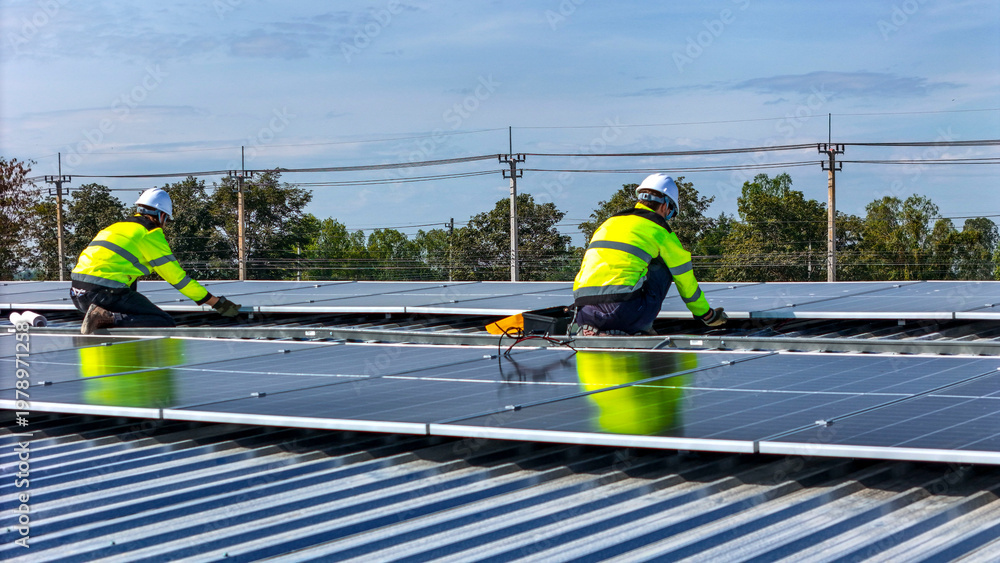 Fototapeta premium Two workers in safety gear installing solar panels on a rooftop, highlighting renewable energy, sustainability, and the integration of skilled labor in setting up efficient solar power systems.
