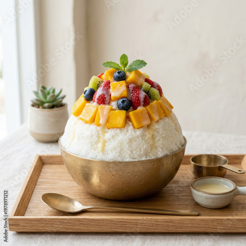 bingsu, shaved ice dessert, korean dessert, refreshing food, summer dessert, fruit dessert, asian food, minimal style, aesthetic food, stock photo, commercial image, high resolution
