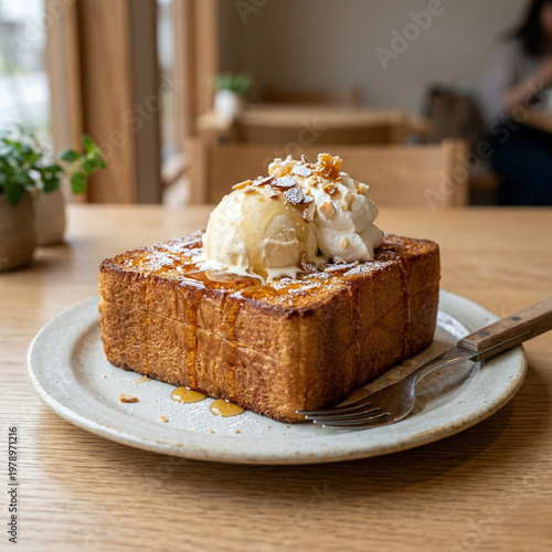 honey toast, sweet bread, dessert toast, cafe dessert, bakery food, crispy texture, sweet snack, breakfast dessert, food styling, stock image, commercial photography