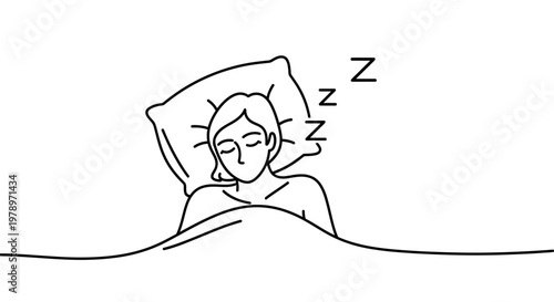A person sleeping peacefully under a blanket with Zzz symbols indicating deep sleep and rest, rendered in a minimalist continuous line art style