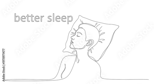 Continuous line art illustration of a person sleeping peacefully on a pillow, representing the concept of better sleep, with a minimalist aesthetic