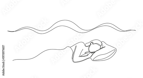 Continuous line art illustration of a person sleeping peacefully under a blanket with waves above them symbolizing dreams or sound sleep