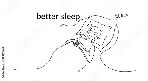 A minimalist line art illustration depicting a person peacefully sleeping in bed, with the word 'sleep' subtly incorporated into the swirling lines around them, suggesting comfort and rest