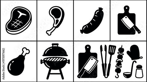 Black and white barbecue meat cuts grill tools icons set