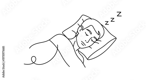 A continuous line art illustration depicting a person peacefully sleeping on a pillow, with zzz symbols indicating rest and relaxation in this simple yet serene depiction of slumber