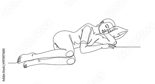 Minimalist single-line continuous drawing of a woman sleeping peacefully on her side, resting her head on a pillow, embodying rest and tranquility