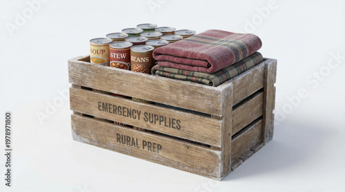 Emergency supplies wooden crate with canned food and folded blankets for winter storm preparedness and rural survival