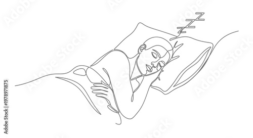 Minimalist single line drawing of a person sleeping peacefully on a pillow with zzz sleep symbols above their head, conveying rest and tranquility