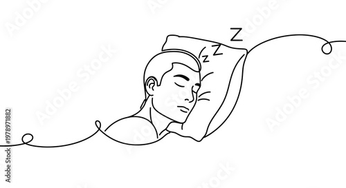 Continuous line art illustration of a person sleeping peacefully on a pillow, with 'Z's indicating sleep, conveying rest and relaxation