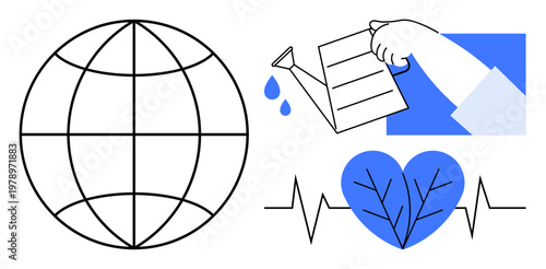 Sustainability, environmental care, global responsibility, ecosystem health, wellness, innovation. A globe, a hand watering and a heart with a pulse. Sustainability and environmental care concept