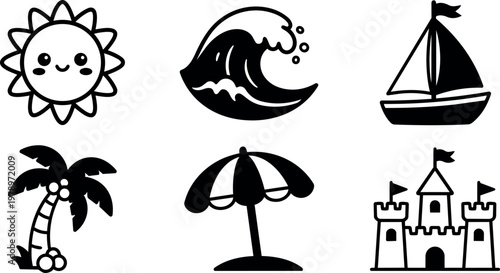 Black and white cute sun wave sailboat palm tree umbrella and castle icons