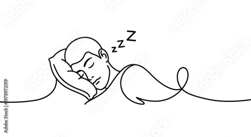 Continuous line art illustration of a person sleeping peacefully on a pillow, symbolizing rest and relaxation, perfect for sleep-related content