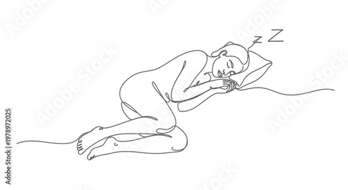 Continuous line art illustration of a person sleeping soundly on a pillow, with 'Z's indicating sleep, evoking tranquility and restfulness