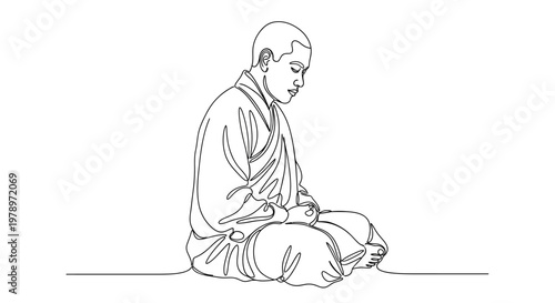Continuous line art drawing of a Buddhist monk meditating in a seated position, showcasing spiritual practice and serene mindfulness