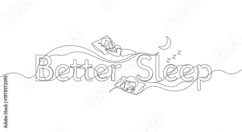 Continuous line art illustration of text that says Better Sleep, with a person sleeping in bed and a moon in the sky, symbolizing rest and relaxation