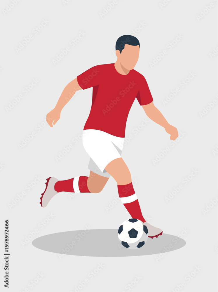 Obraz premium Minimalist flat vector illustration of a male soccer player dribbling a ball, faceless character, wearing red jersey with white shorts and striped socks