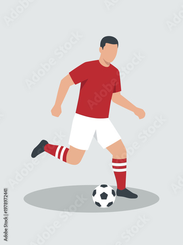 Minimalist flat vector illustration of a male soccer player dribbling a ball, faceless character, wearing red jersey with white shorts and striped socks