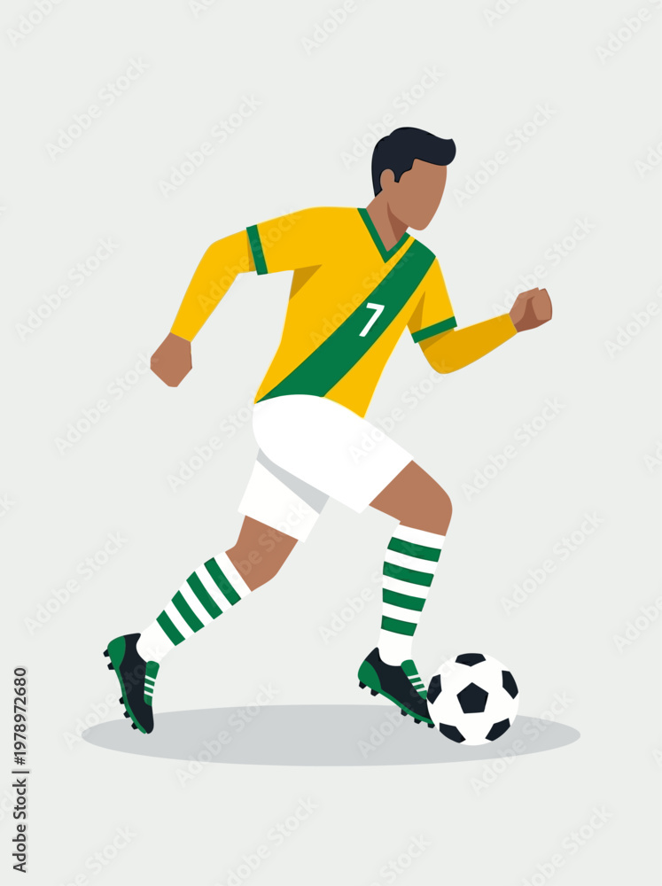 Obraz premium Minimalist flat vector illustration of a male soccer player dribbling a ball, faceless character, wearing red jersey with white shorts and striped socks
