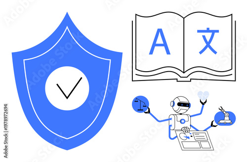 Cybersecurity, language translation, AI innovation, automation, multilingual education, machine learning. Blue shield, open book with letters and robot working. Cybersecurity and language