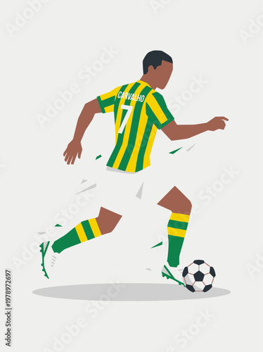 Minimalist flat vector illustration of a male soccer player dribbling a ball, faceless character, wearing red jersey with white shorts and striped socks