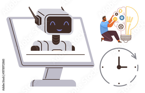 Artificial intelligence, innovation, time management, collaboration, automation, creativity. Smiling robot on a screen, man working with gears and light bulb clock icon. Artificial intelligence