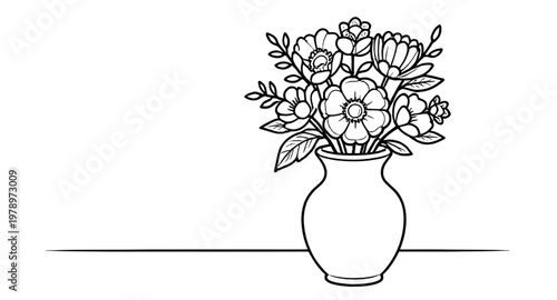 flowers in vase, floral line art, coloring page flowers, black white drawing, botanical illustration, flower arrangement, outline flowers, printable coloring, vase illustration, bloom sketch, floral d