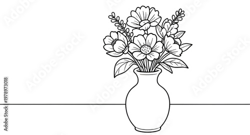 flowers in vase, floral line art, coloring page flowers, black white drawing, botanical illustration, flower arrangement, outline flowers, printable coloring, vase illustration, bloom sketch, floral d