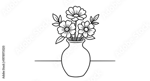 flowers in vase, floral line art, coloring page flowers, black white drawing, botanical illustration, flower arrangement, outline flowers, printable coloring, vase illustration, bloom sketch, floral d
