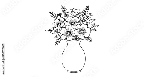 flowers in vase, floral line art, coloring page flowers, black white drawing, botanical illustration, flower arrangement, outline flowers, printable coloring, vase illustration, bloom sketch, floral d