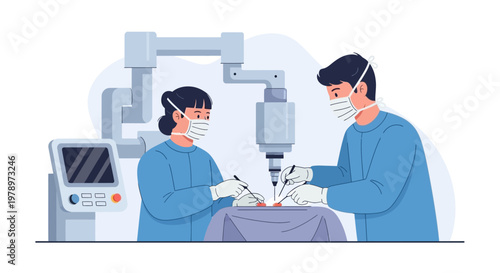 Medical professionals performing robotic surgery in a hospital operating room. EPS Editable. Vector Illustrations.