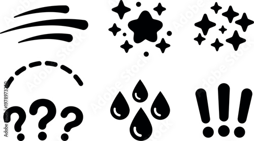Black line art question marks stars raindrops and exclamation marks icons