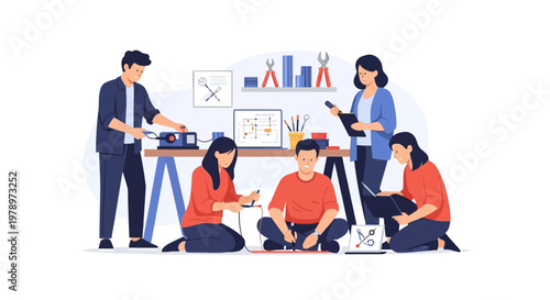 Diverse engineering team collaborating on innovative robotics project in modern workspace. EPS Editable. Vector Illustrations.