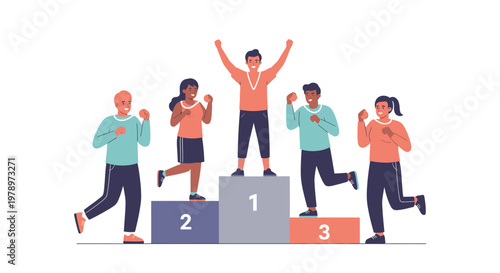 Diverse group of happy athletes celebrating victory on a winners podium. EPS Editable. Vector Illustrations.