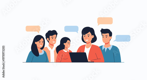 Diverse group of colleagues collaborating on a project with a laptop. EPS Editable. Vector Illustrations.